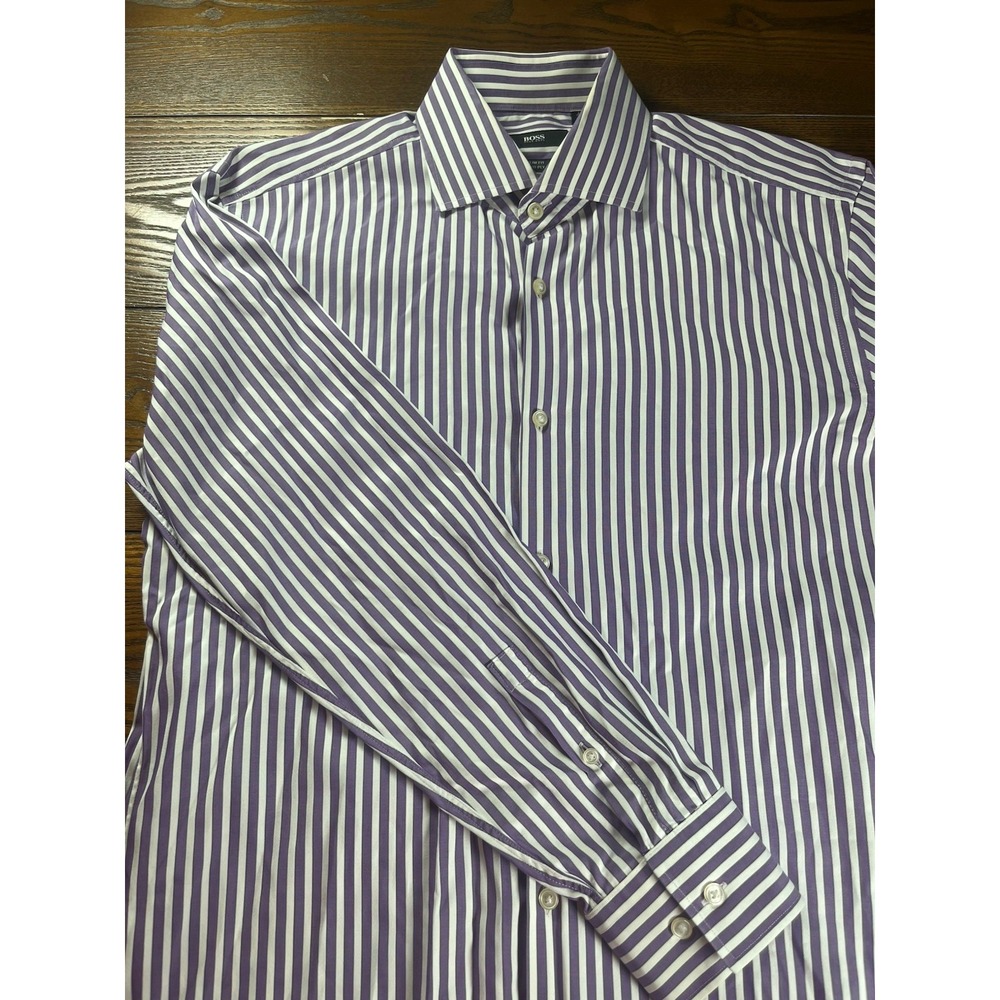Hugo Boss Dress Shirt Mens 16 41 Purple White Striped Slim Fit Double Ply